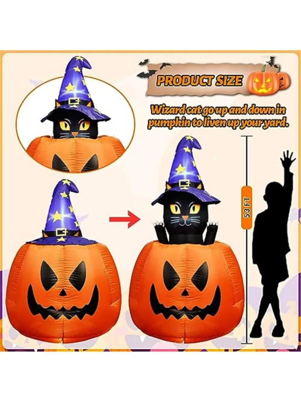 5.3 FT Halloween Inflatable Animated Witch Cat in Pumpkin, Blow Up Yard